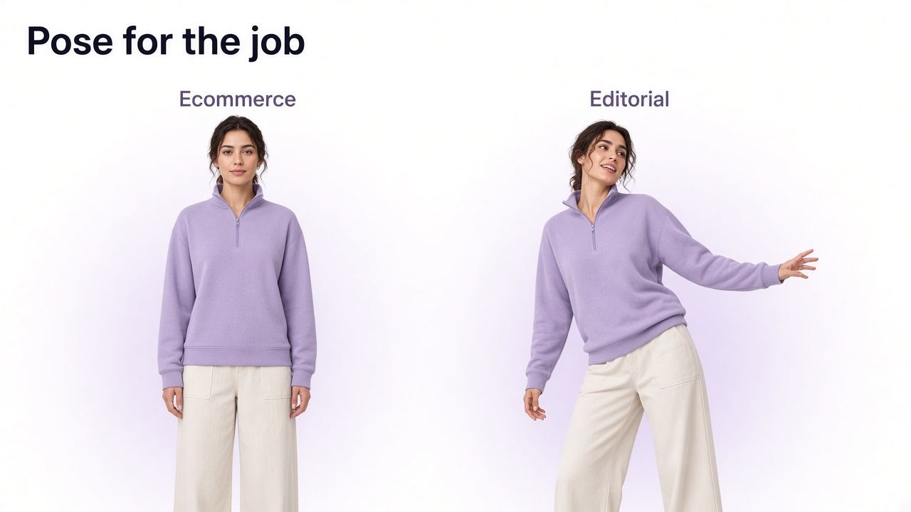 Fashion model wearing the same outfit in a neutral ecommerce pose and a more expressive editorial pose