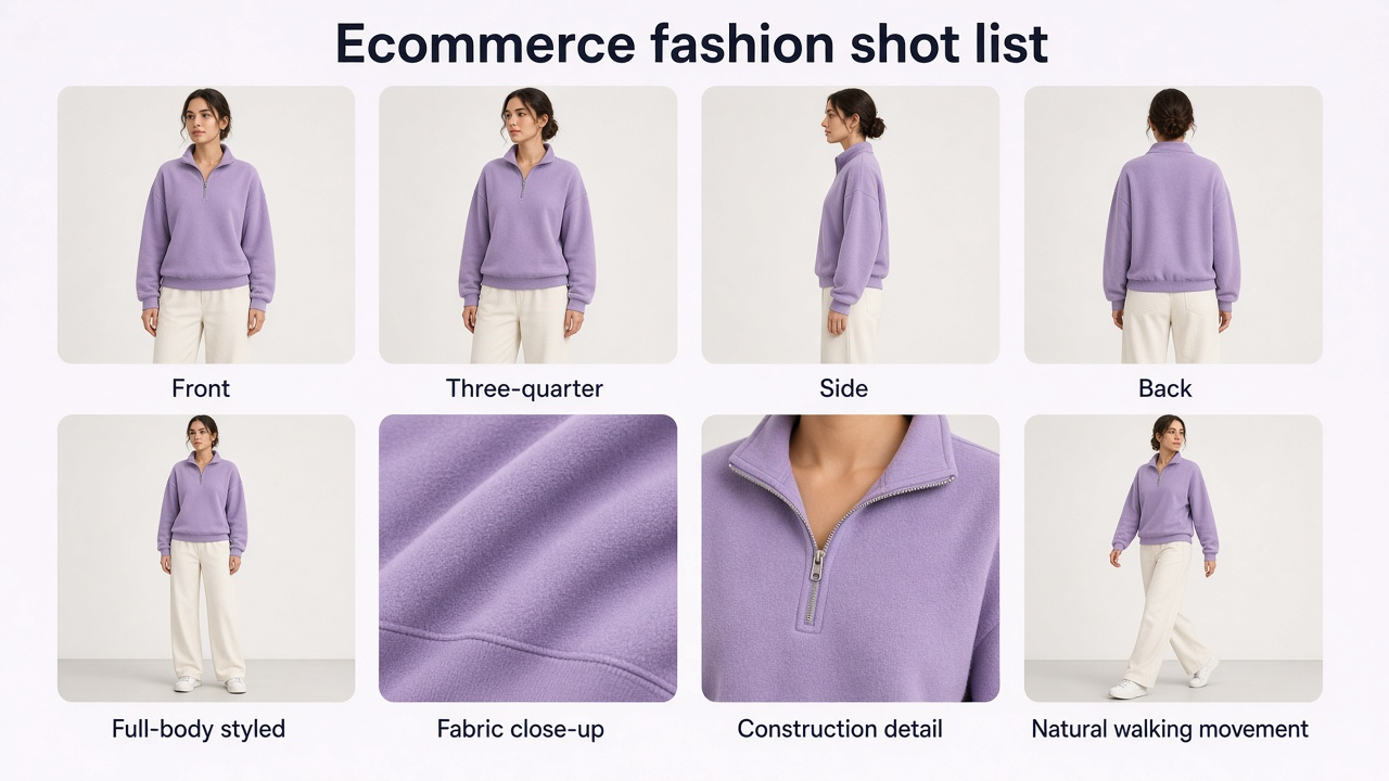 Fashion ecommerce contact sheet showing front, three-quarter, side, back, full-body, fabric detail, feature detail, and movement photos