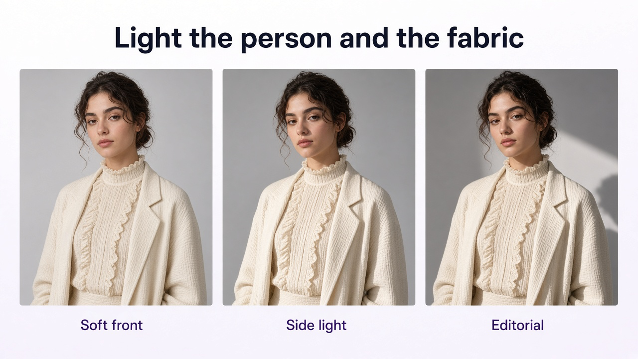 Same fashion model and outfit photographed with soft frontal light, soft side light, and hard editorial light