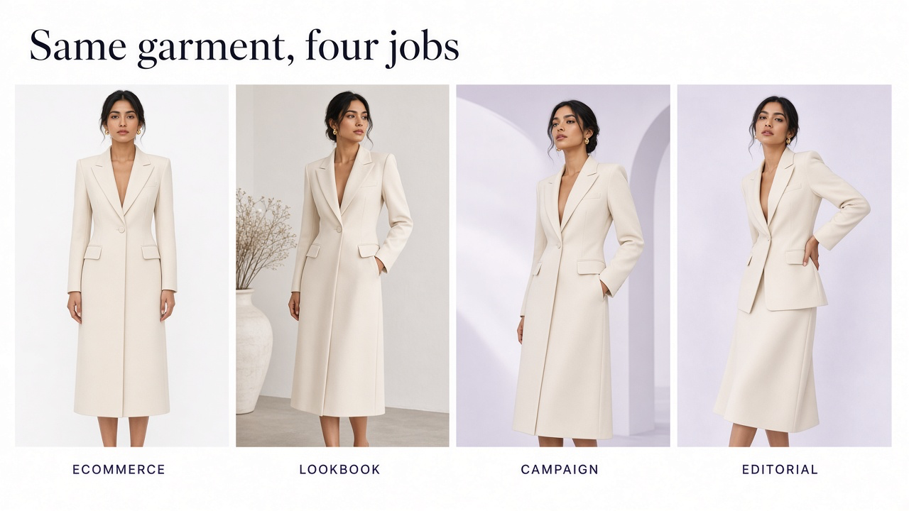 Four fashion photographs showing ecommerce, lookbook, campaign, and editorial approaches using the same clothing collection