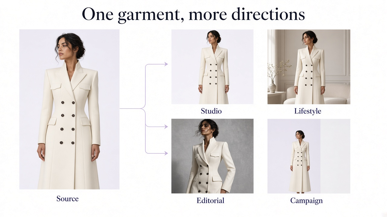 Fashion workflow showing one accurate garment source photo transformed into studio, lifestyle, editorial, and campaign images