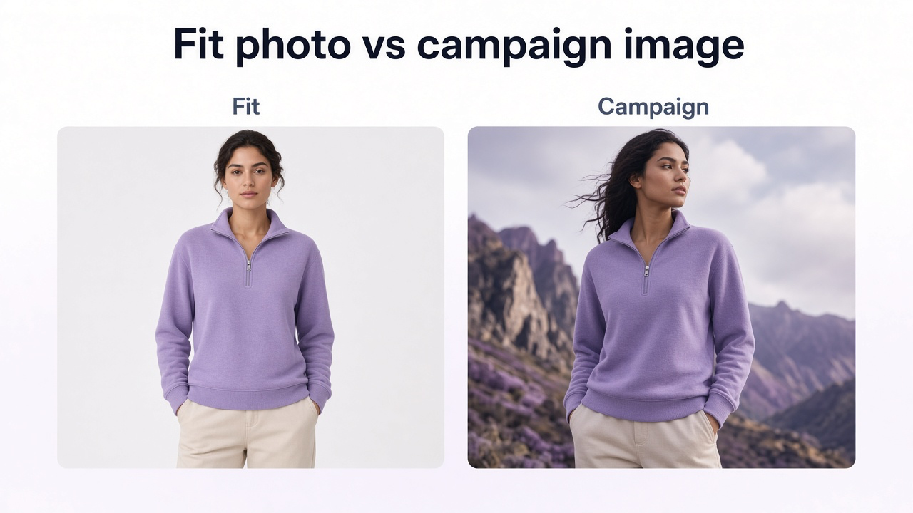 Comparison between straightforward real garment fit photography and an AI-assisted fashion campaign visualization