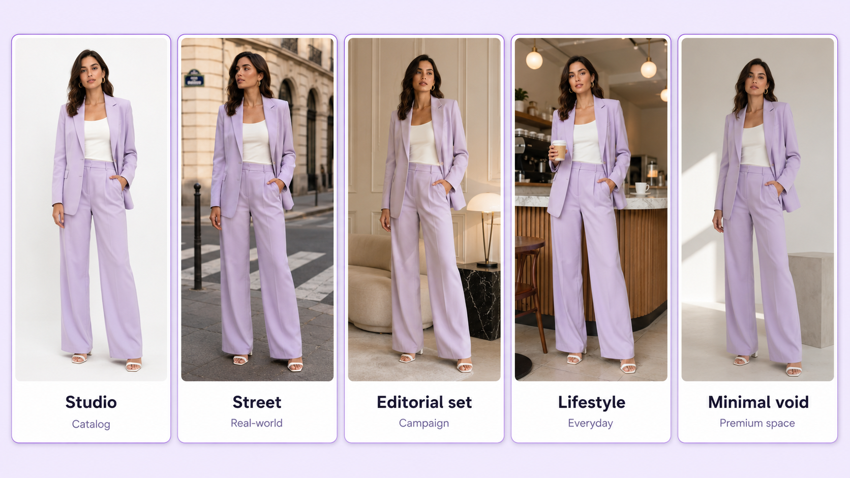 AI fashion photography scenes including studio street editorial lifestyle and minimal backgrounds