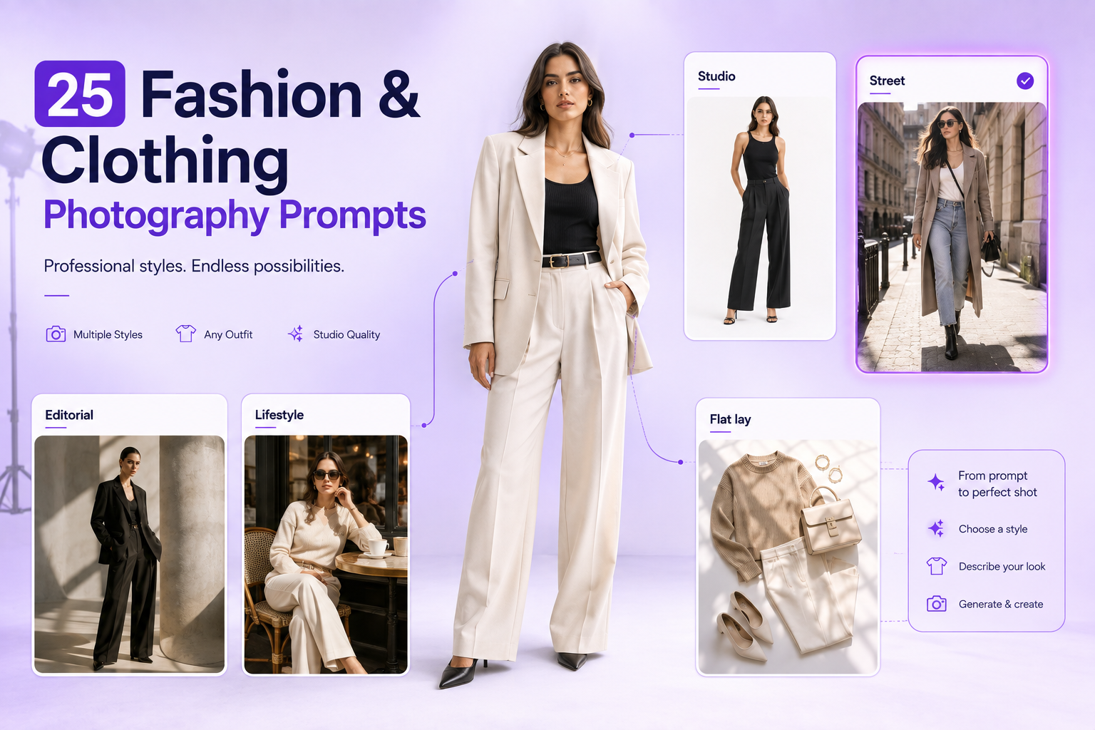 Fashion and clothing photography prompts showing multiple AI fashion photoshoot styles