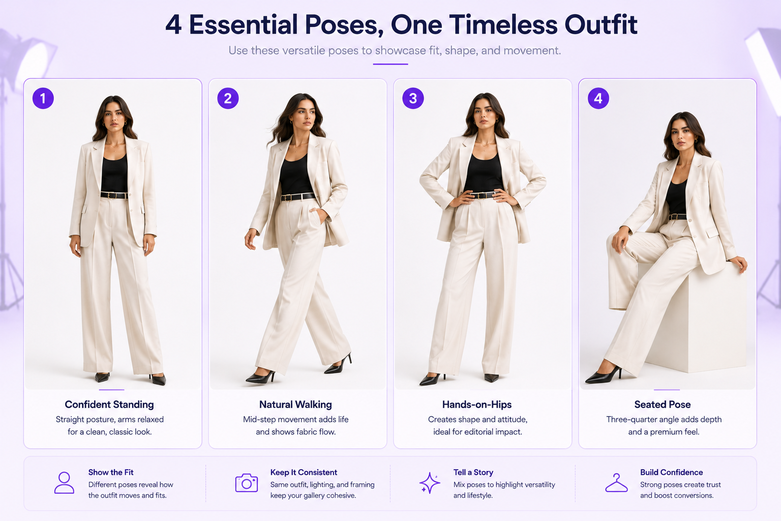 Fashion model photography poses including standing walking seated and hands on hips