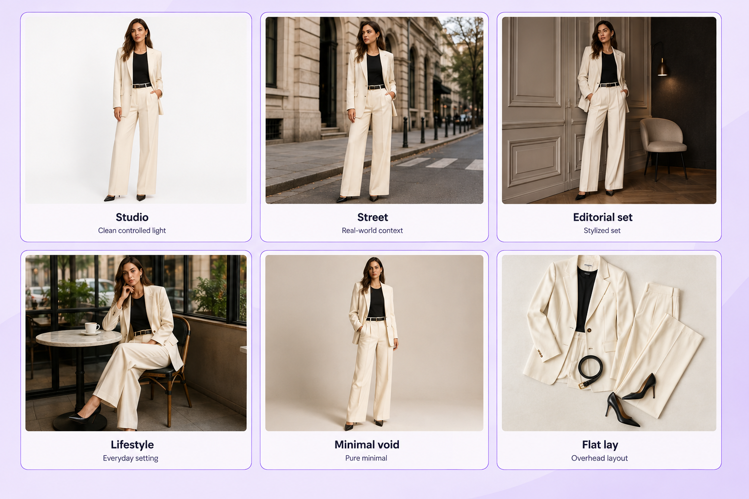 Fashion photography scene comparison showing studio street editorial lifestyle and minimal backgrounds
