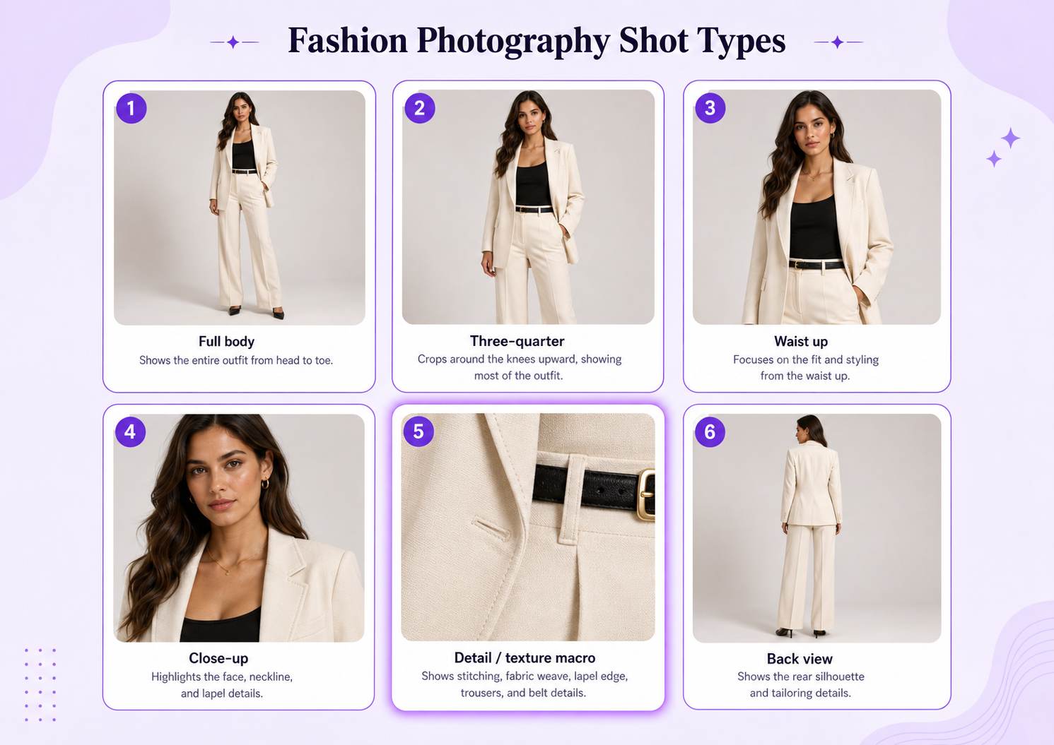 Fashion photography shot types including full body three-quarter waist up detail and back view