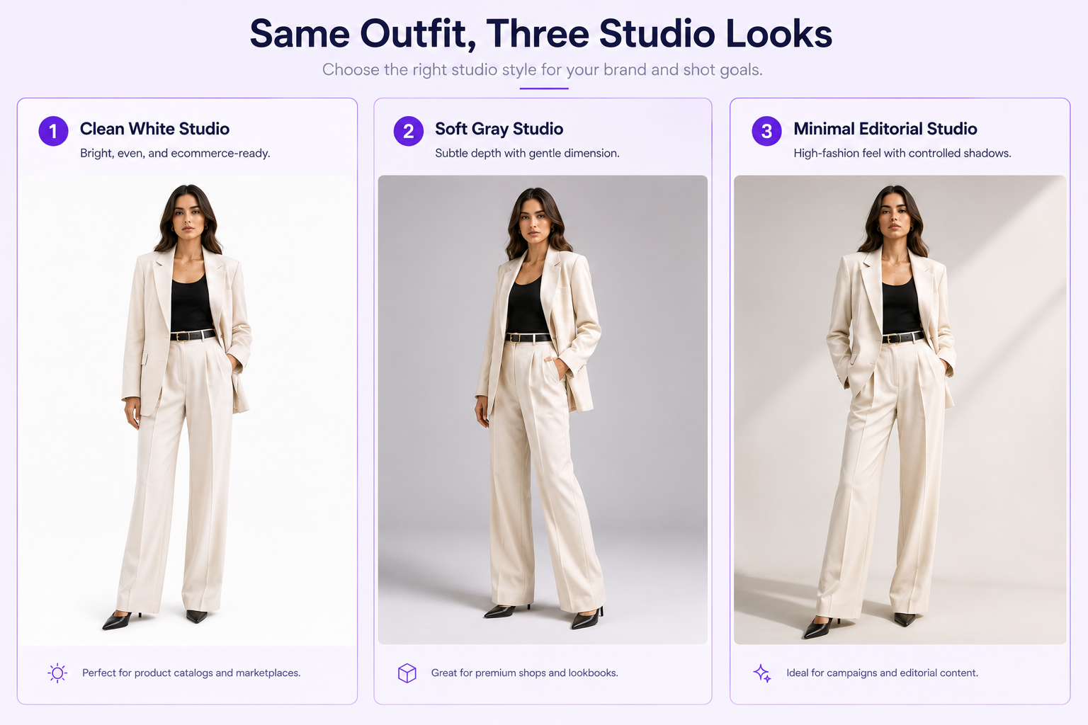 Studio clothing photography examples with white gray and editorial backgrounds
