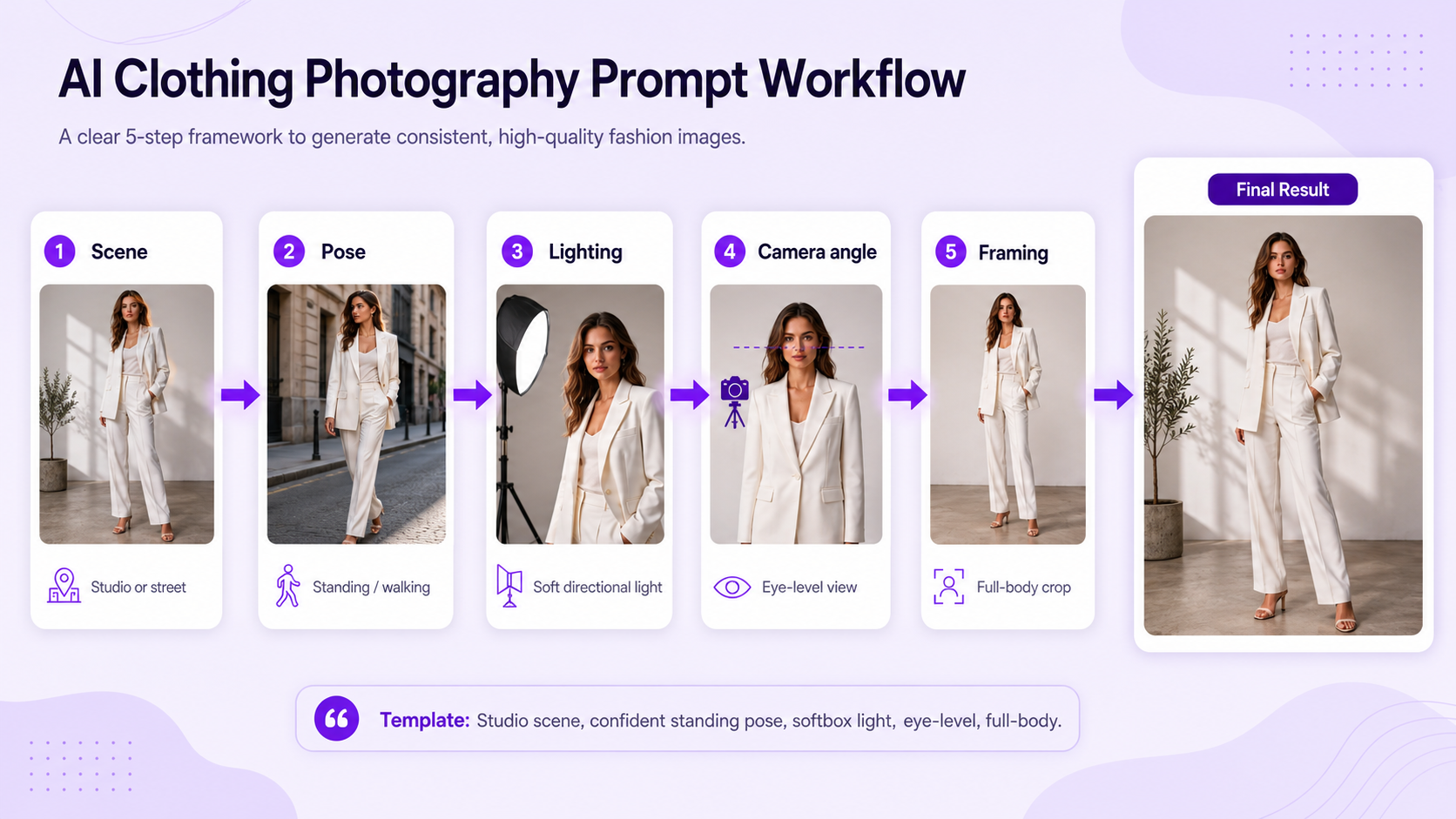 AI clothing photography prompt workflow showing scene pose lighting camera angle and framing controls