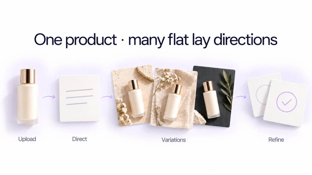 AI flat lay workflow from uploaded product to styled overhead scene variations in GenImagePro