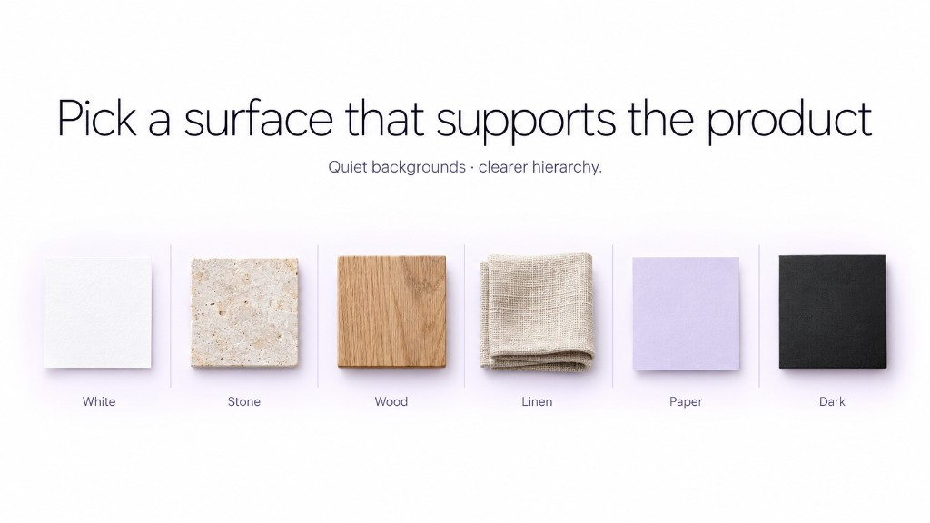 Flat lay background options including white, stone, wood, linen, colored paper, and dark matte surfaces
