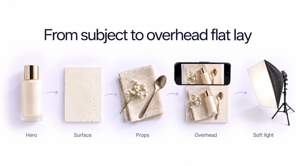 Beginner flat lay photography workflow from hero product to background, props, overhead camera, and soft light
