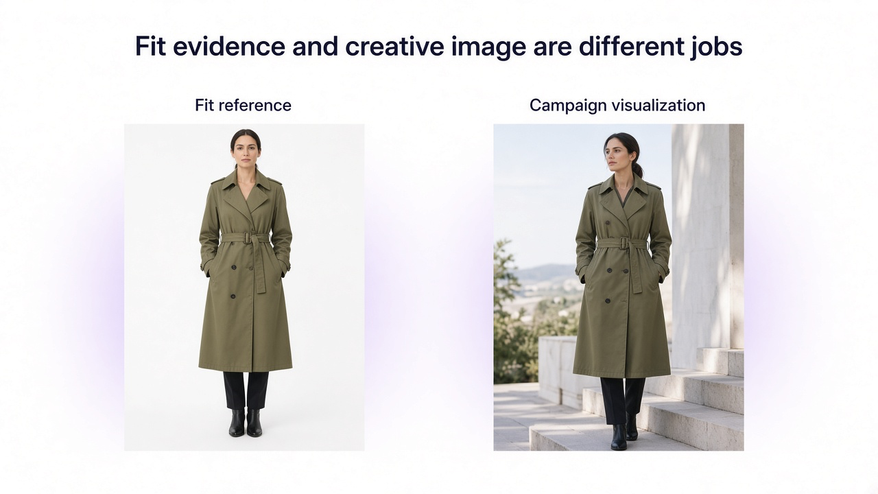 Real fit reference compared with AI-generated fashion visualization of the same garment