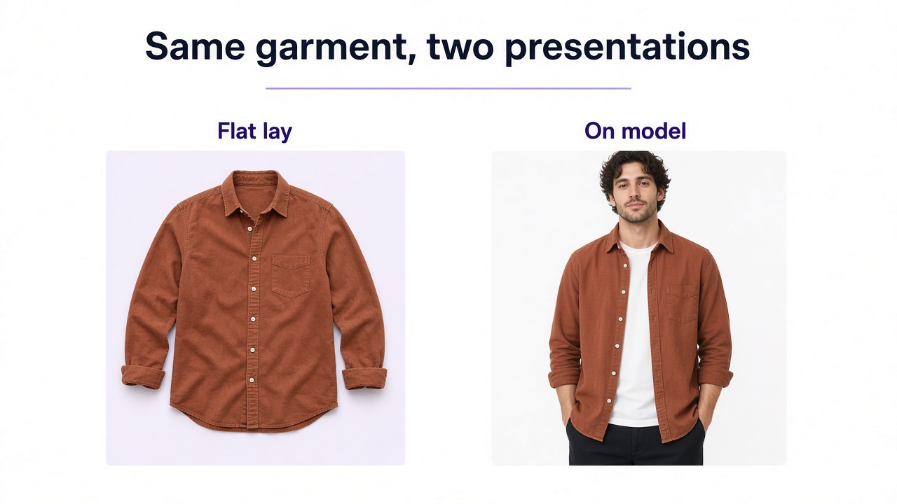Same garment shown as a clean flat lay and as an on-model fashion image