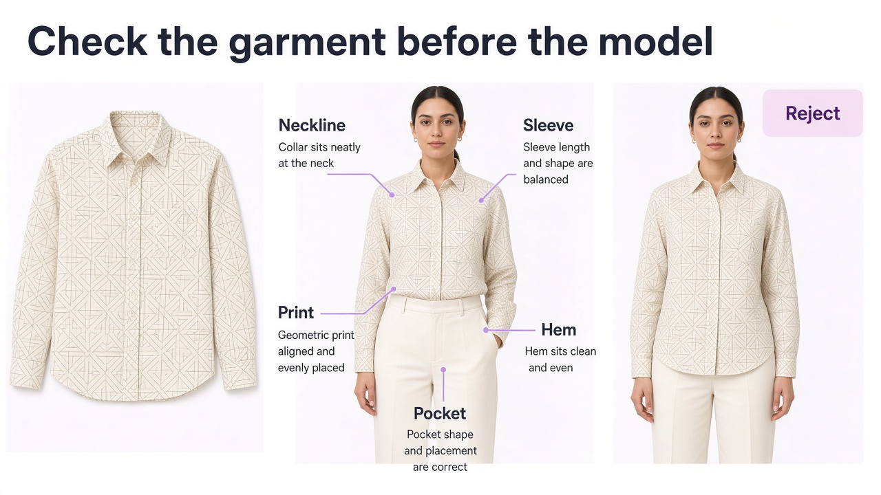 Garment fidelity checklist comparing a flat lay source with an AI-generated on-model result