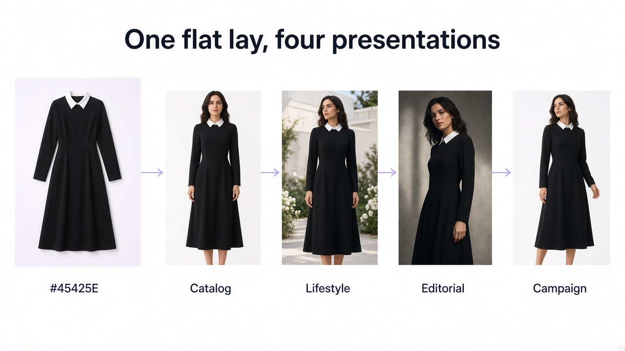 Flat lay clothing image transformed through GenImagePro into ecommerce, lifestyle, editorial, and campaign on-model images