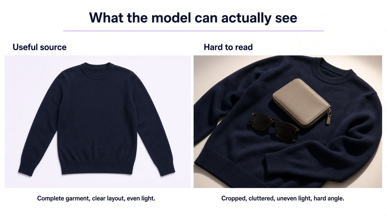 Good and bad flat lay clothing references for AI on-model generation