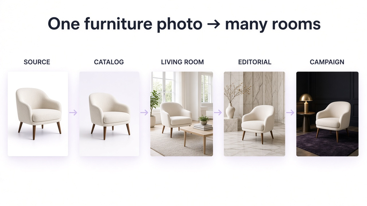AI furniture photography workflow from one source chair photo to catalog, living room, editorial, and campaign scene variations