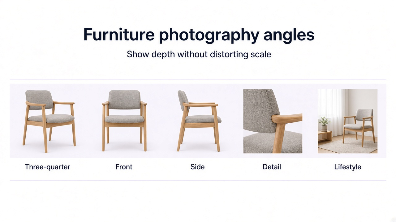 Furniture photography angles comparing three-quarter, front, side, detail, and lifestyle views of a modern chair