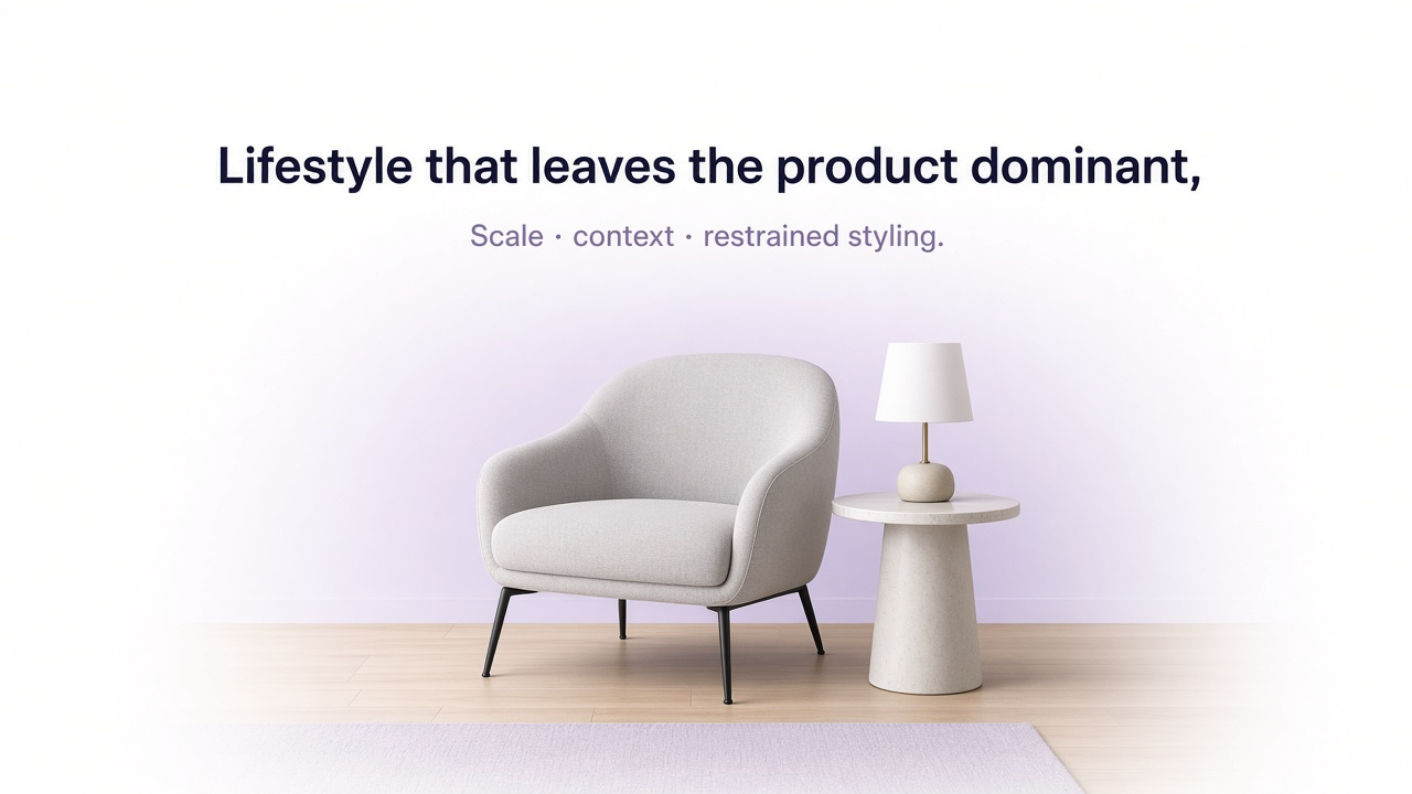 Lifestyle furniture photography of a modern chair in a restrained contemporary living room with soft daylight