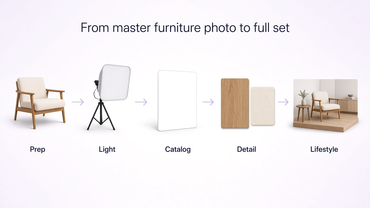 Furniture ecommerce photography workflow from prepared piece to soft light, natural perspective, multiple views, and lifestyle scene