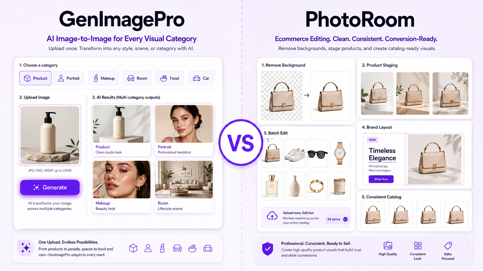 Side-by-side comparison of GenImagePro template-driven transformations and PhotoRoom ecommerce editing workflows