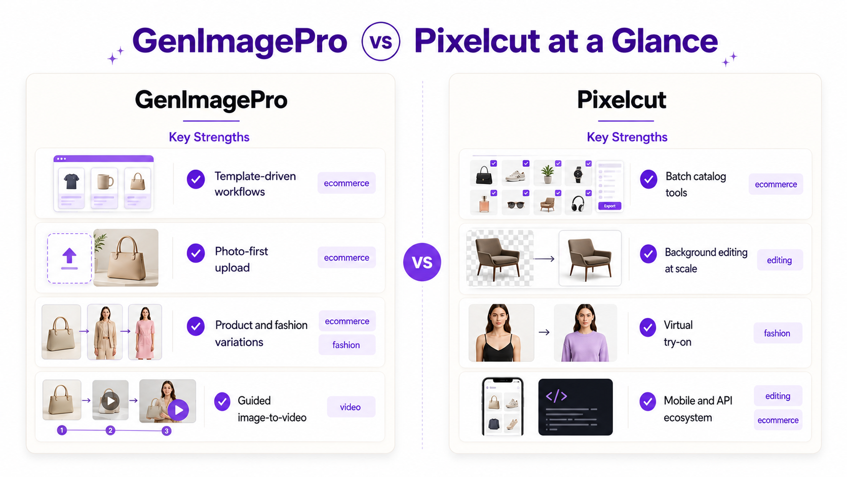 GenImagePro vs Pixelcut overview comparing template-driven workflows with broader ecommerce production tools