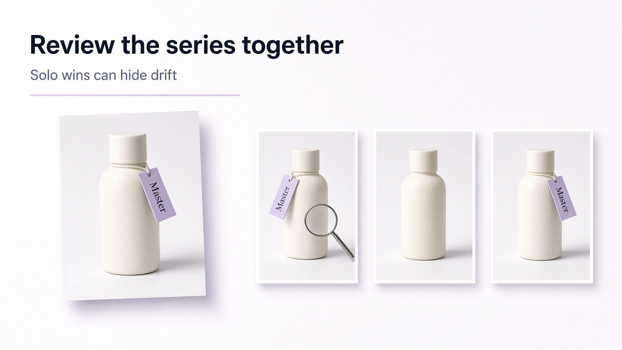Three related product images lined up for series QA against one master reference