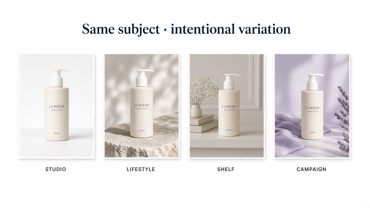 Same cream product shown across studio, lifestyle, and campaign scenes with shared lighting and color
