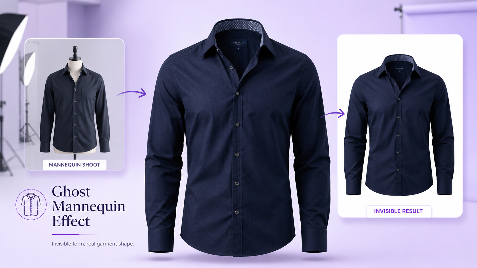 Ghost mannequin photography example showing clothing with an invisible mannequin effect