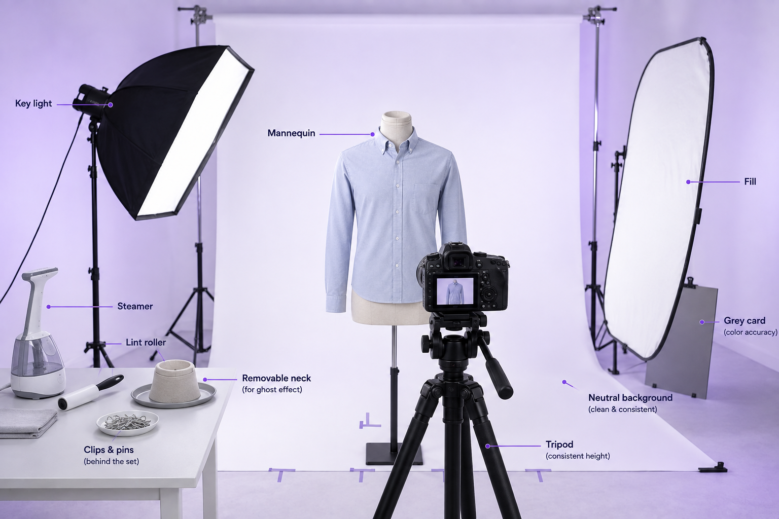 Ghost mannequin photography studio setup with mannequin, camera and softbox lights