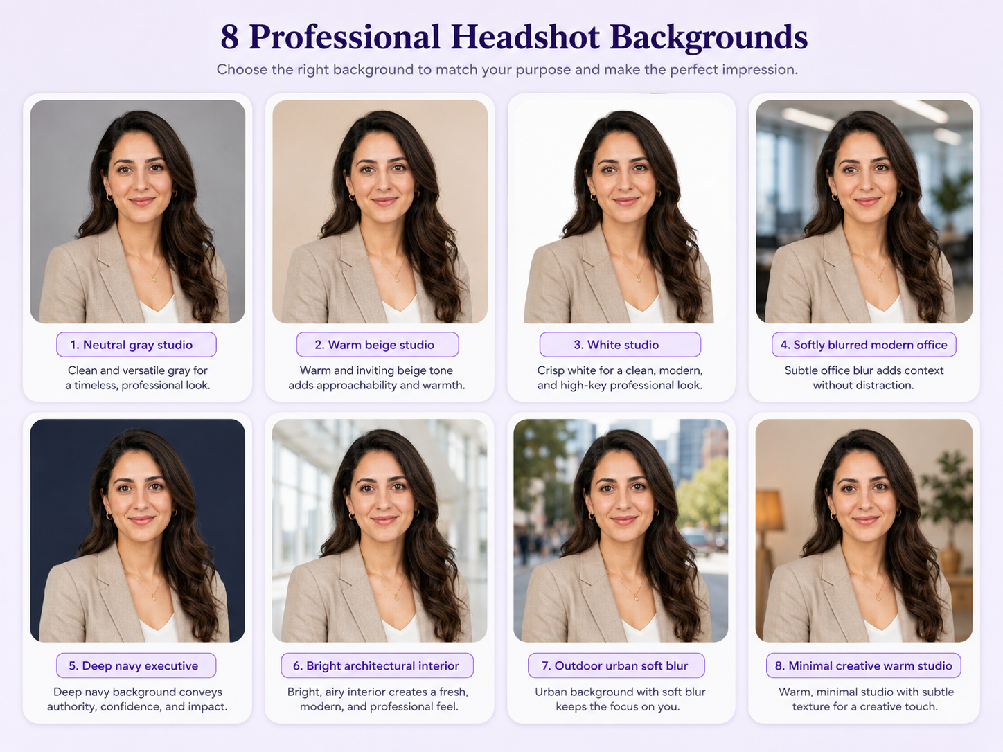 Grid of professional headshot backgrounds including gray studio, beige studio, modern office, navy executive, white, outdoor urban, architectural, and creative settings