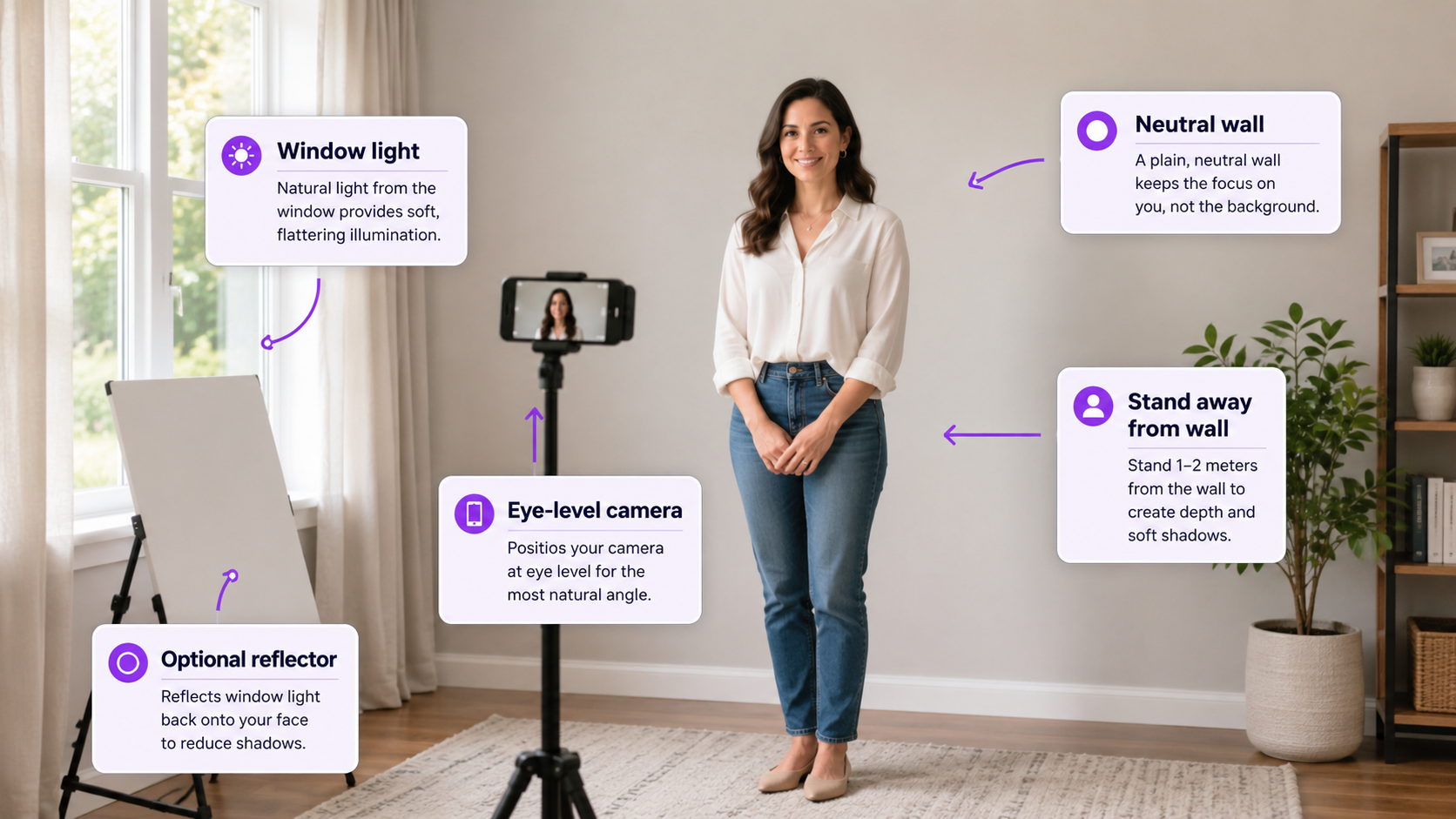 Home professional headshot setup with neutral wall, window light, phone tripod, reflector, and subject standing away from the background