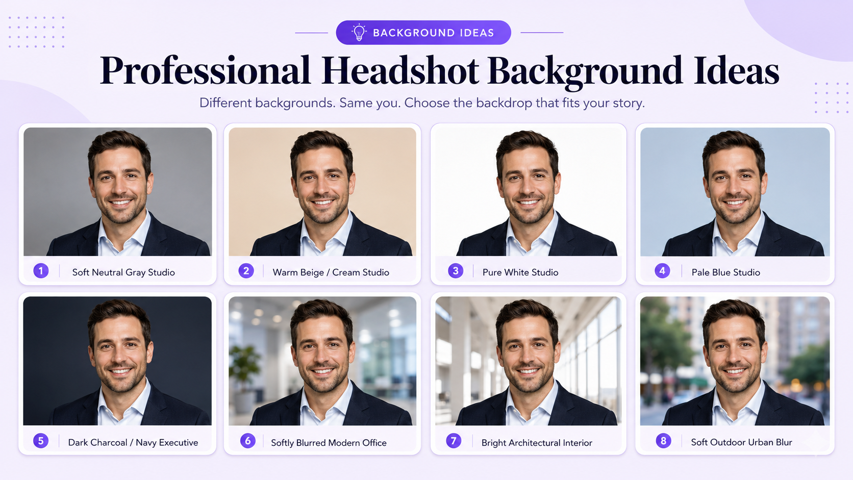Professional headshot background examples including neutral gray studio, warm beige, modern office, dark executive, bright architectural, outdoor urban, and creative editorial settings