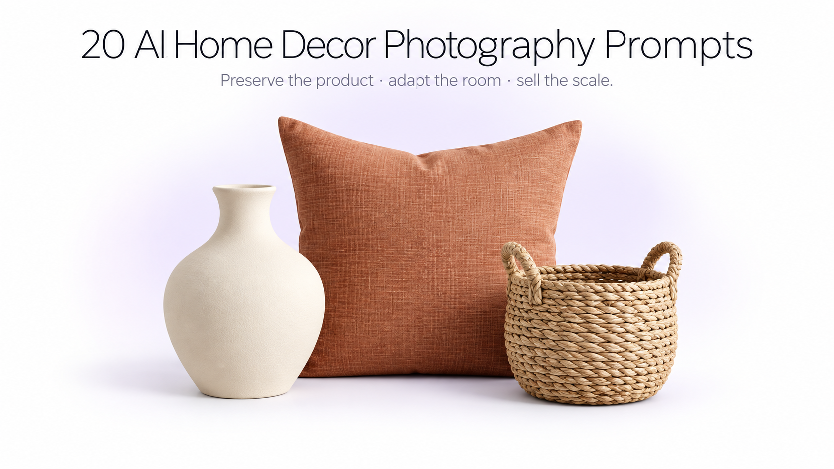 AI home decor product photography examples showing a lamp, ceramic mug, and armchair in studio and lifestyle interiors