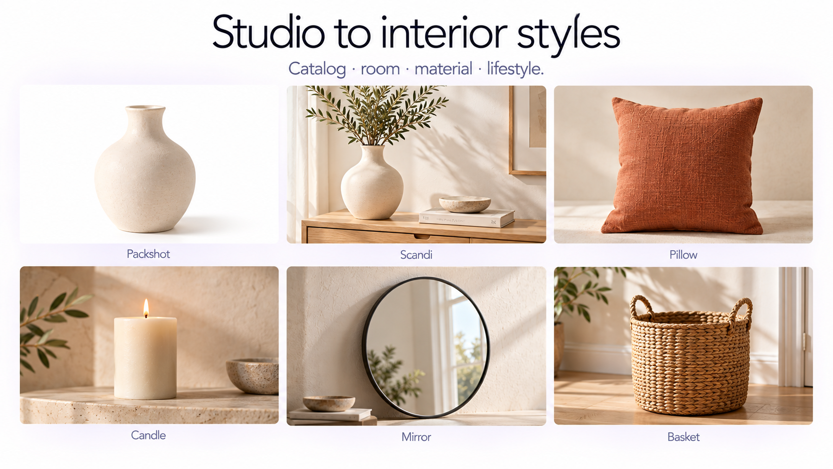Stili di fotografia per l'arredamento della casa, inclusi studio, interni scandinavi, stanza moderna calda e scene con superfici in pietra.