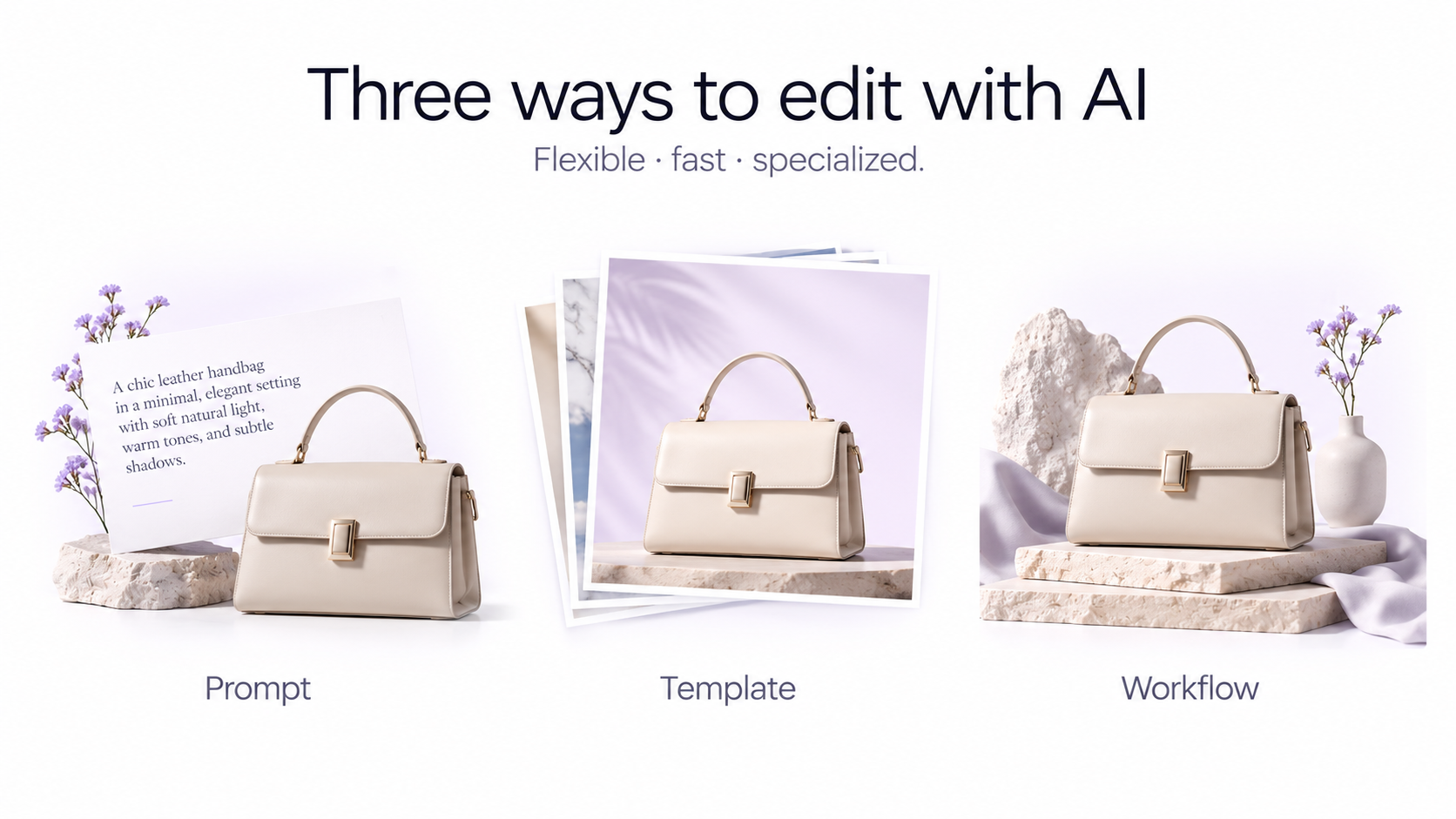 AI photo editing methods showing templates, conversational editing and specialized workflows