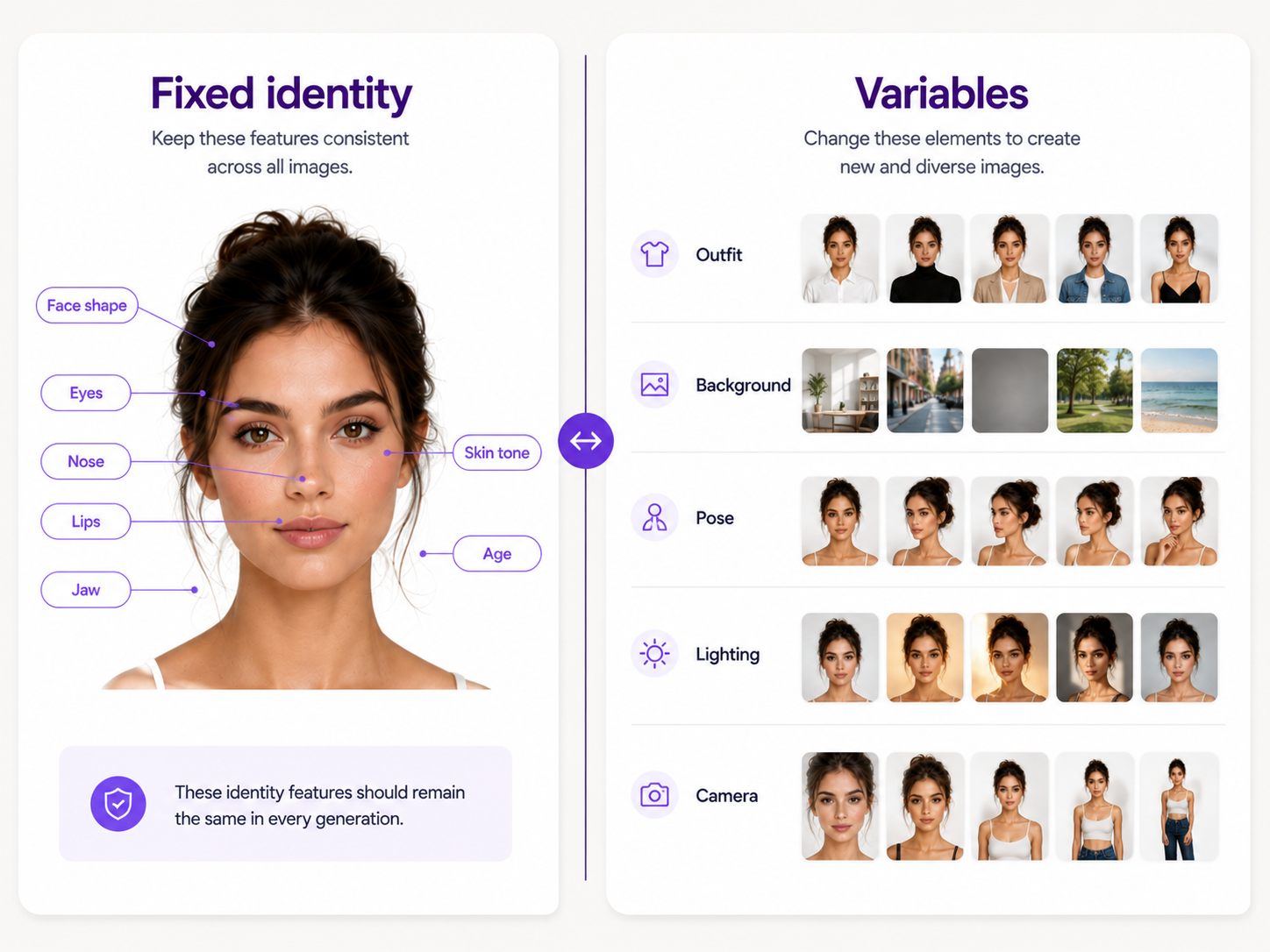 Diagram separating fixed facial identity details from changeable AI image scene details