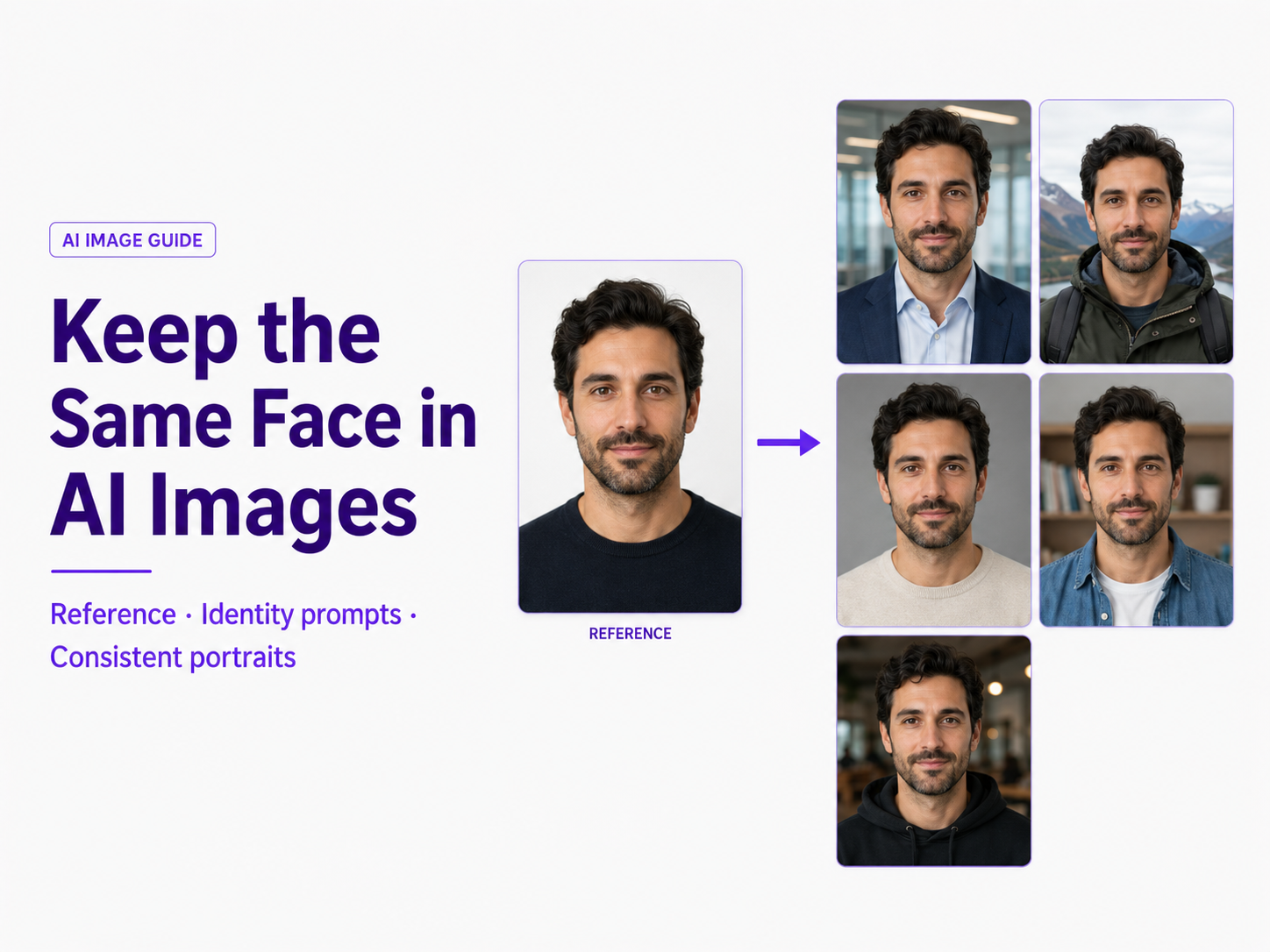 Same person's face preserved across multiple AI-generated portraits with different outfits, backgrounds, and lighting