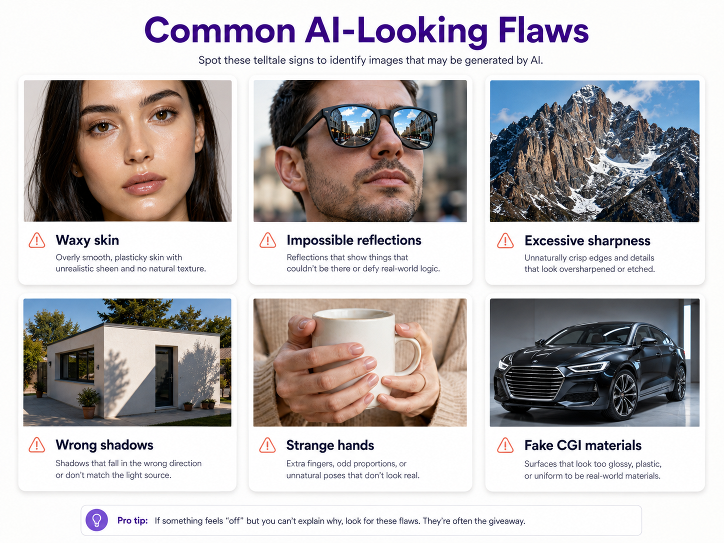 Examples of common artificial-looking details in AI-generated images