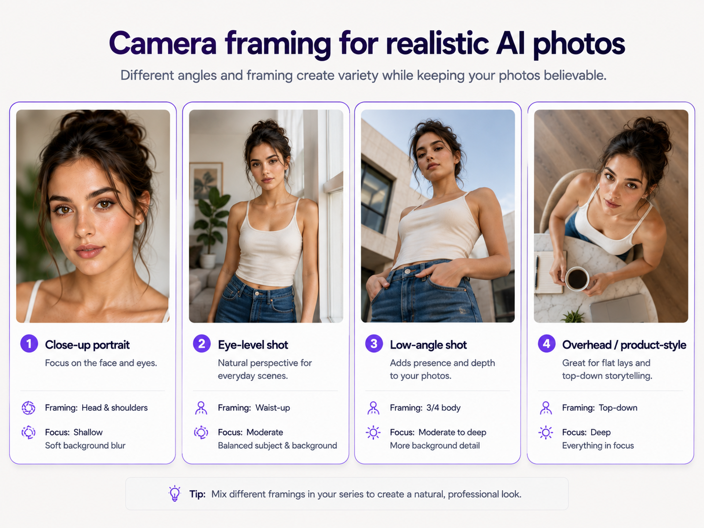 Comparison of realistic AI images using different camera angles and focal perspectives