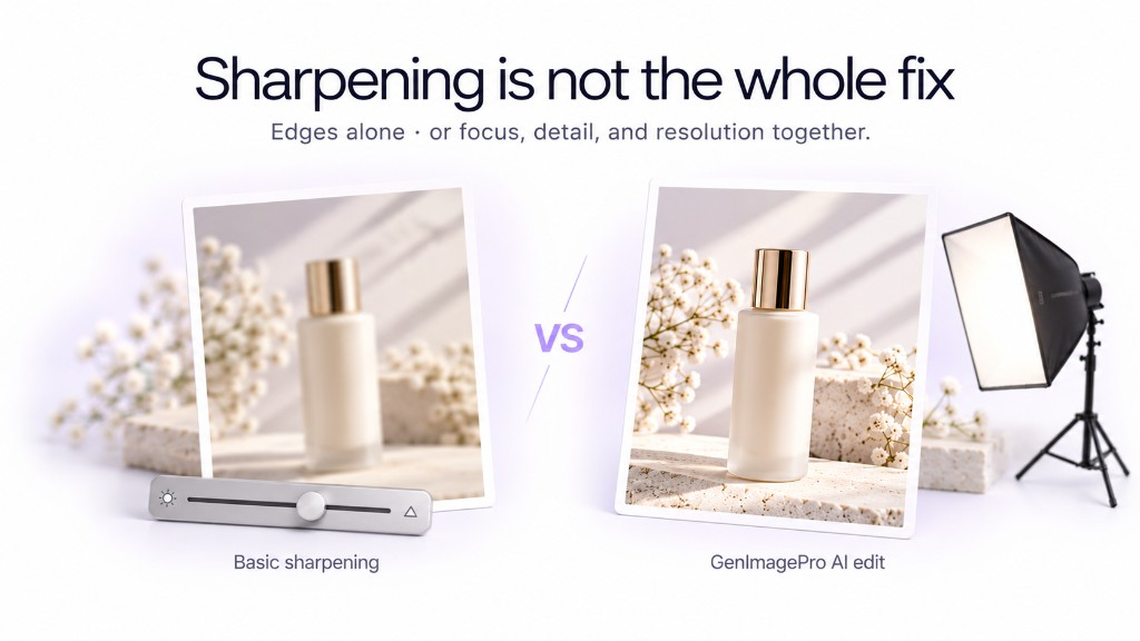 Comparison of basic sharpening versus GenImagePro AI enhancement for blurry photos