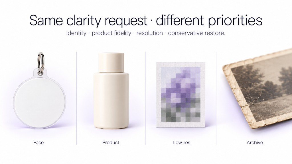Physical still-life cues for face, product, low-resolution, and old-photo clarity restoration