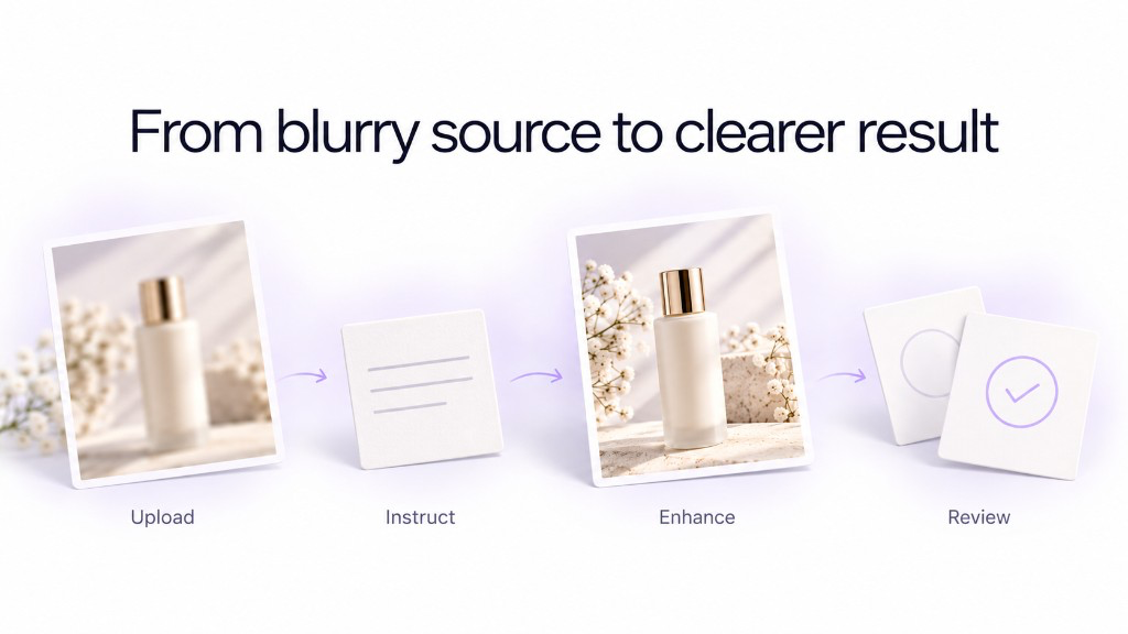 Workflow from blurry source photo to clearer AI-enhanced result with review