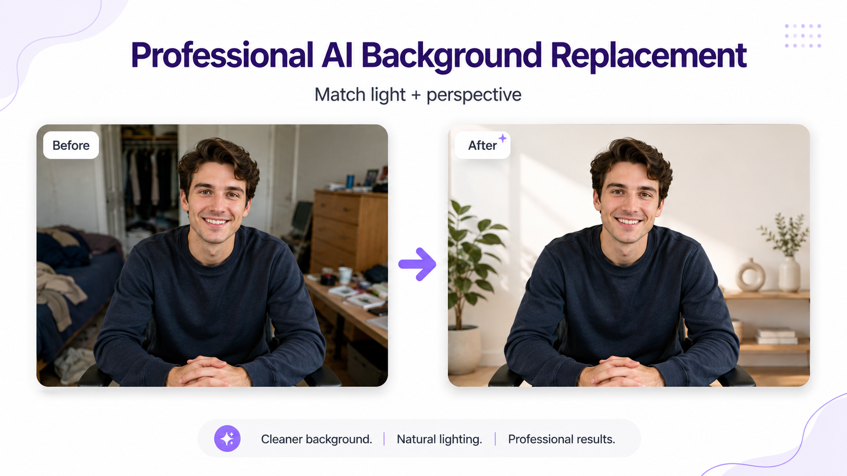 Casual photo background replaced with a professional studio environment using AI