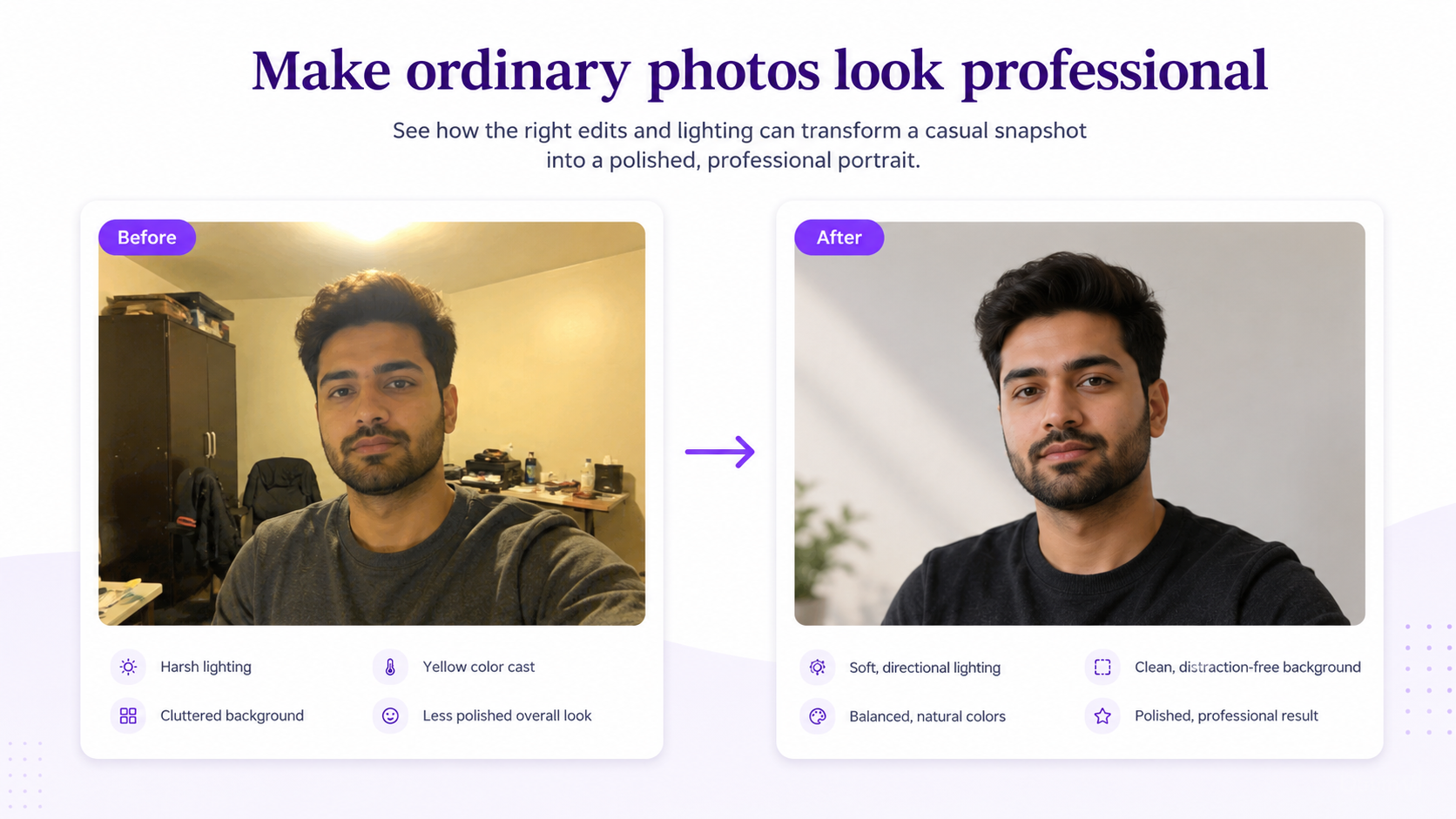 Before and after comparison of an ordinary photo edited into a professional image