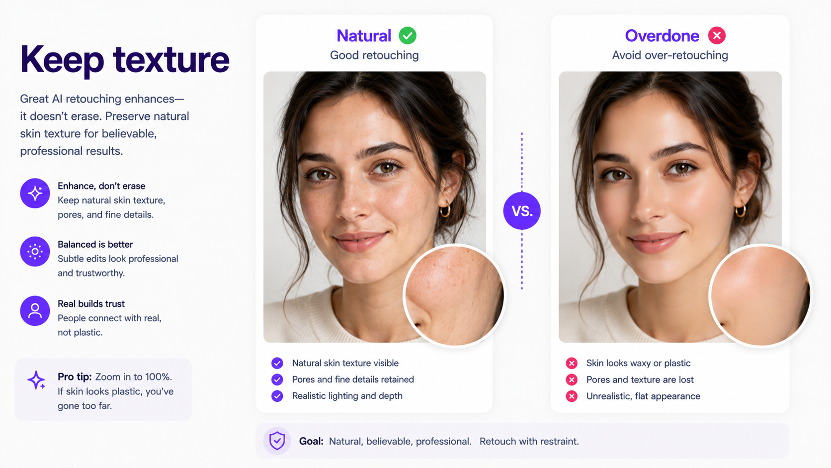 Natural professional portrait retouching compared with excessive AI skin smoothing