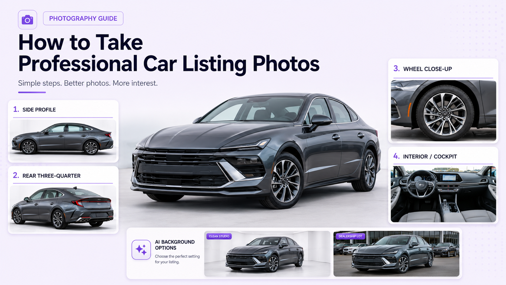 Professional car listing photography showing a clean vehicle photographed from front three-quarter, side, rear, interior, detail, and AI-enhanced dealership backgrounds