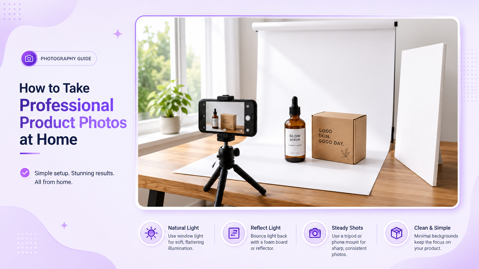 Home product photography setup with a smartphone, window light, white backdrop, reflector, tripod, and small ecommerce products
