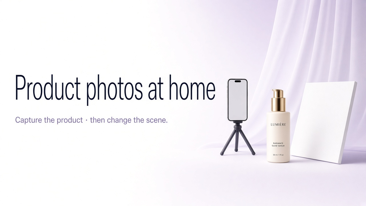 Simple home product photography setup with a smartphone, white backdrop, window light, reflector, and finished ecommerce product images